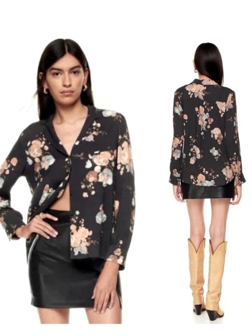 Wilfred Black Floral V-Neck Long Sleeve Blouse with Peach Accents